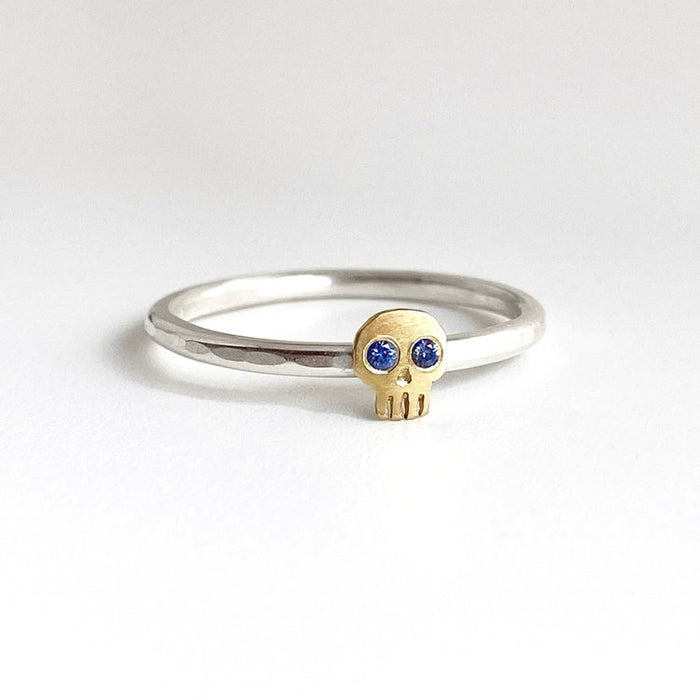 Silver & Gold Skull Ring with Sapphires