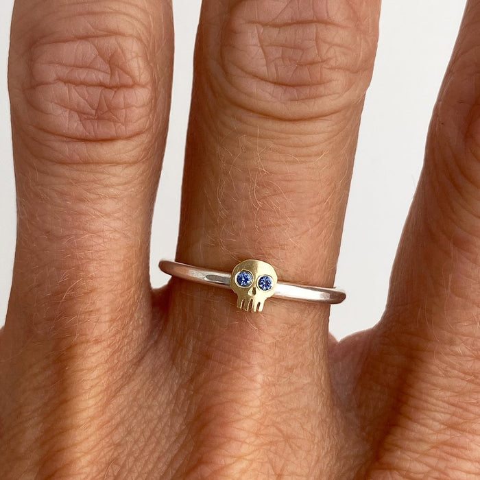 Silver & Gold Skull Ring with Sapphires