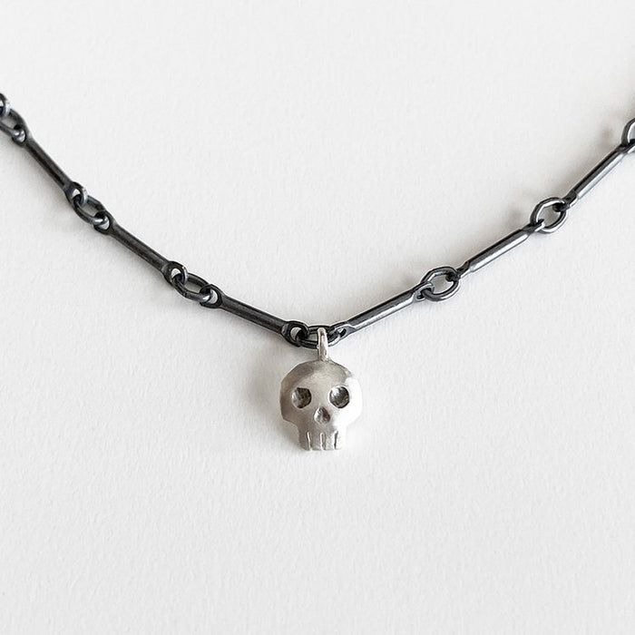 Oxidized Silver Single Skull Necklace