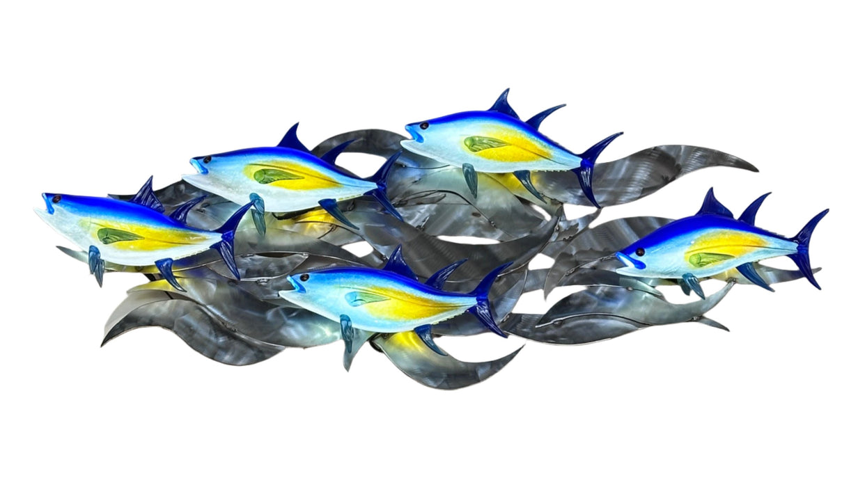 5 Blue Fin Tuna on Waves Sculpture