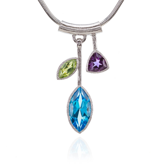 3 Stone Petal Pendant Blue Topaz – Silver, White Rhodium